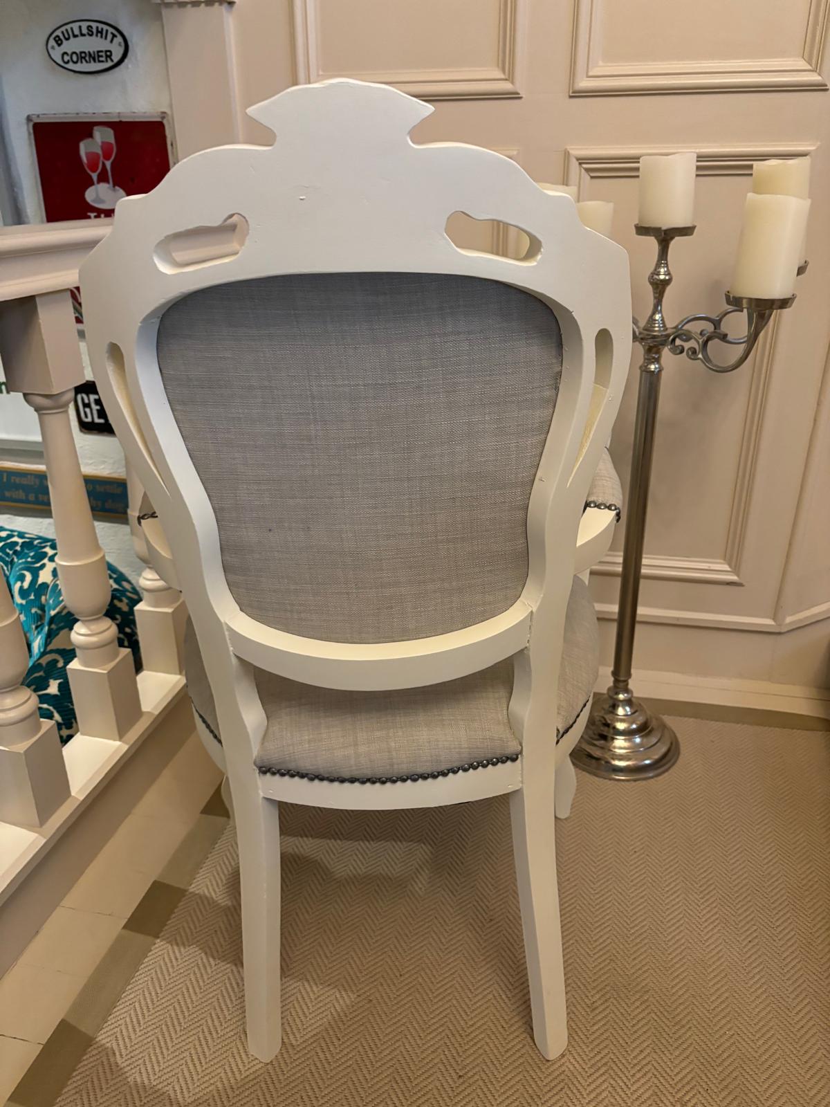 Beautiful up-cycled French linen armchair in grey with brushed chrome studding, in parchment cream paint