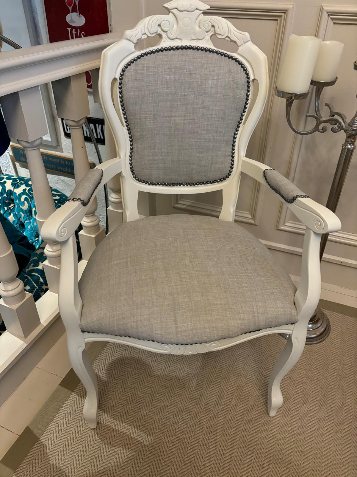 Beautiful up-cycled French linen armchair in grey with brushed chrome studding, in parchment cream paint